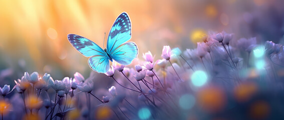 Beautiful blue butterfly on golde and purple flower buds on a soft blurred blue background. Soft...