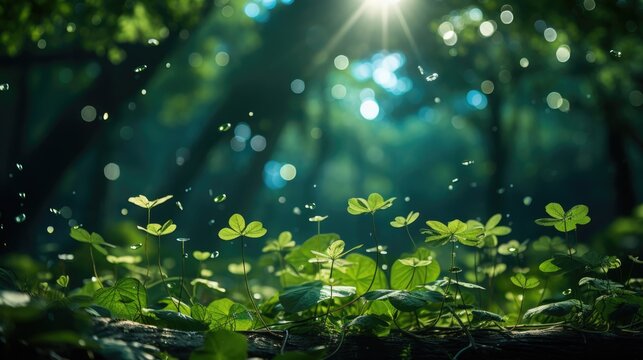 Sunlight filtering through the trees in a lush forest. Green leaves falling from the trees.