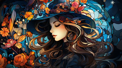 Beautiful young woman in black hat and dress. in stained glass style.