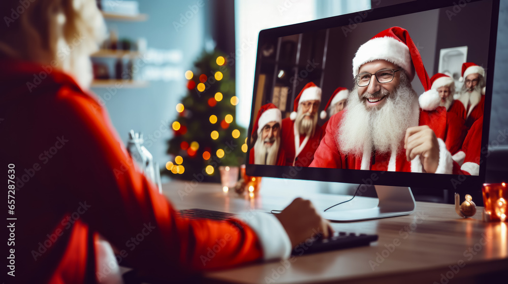 Poster man in santa suit is on computer screen with santa clause on it.
