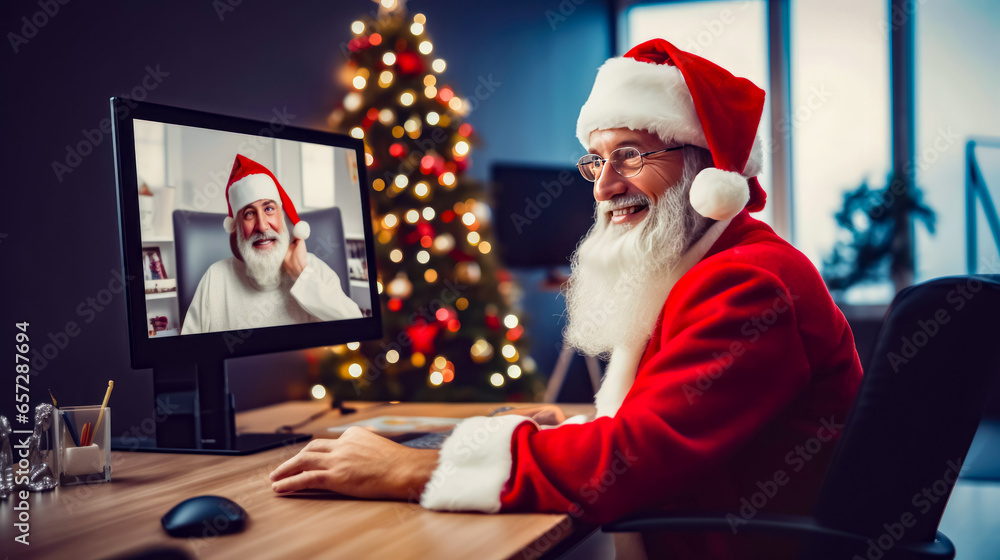 Poster man dressed as santa claus is on computer screen with christmas tree in the background.