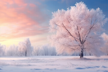 Obraz na płótnie Canvas Winter snow covered wallpaper. A tree standing alone on a snowy field against a pink and orange frosty sunset sky. Beautiful winter nature scene.