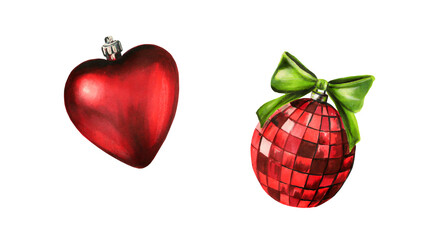 Obraz premium Watercolor christmas shiny balls and toys illustrations. New year hand painted symbol isolated on white background. For designers, decorati