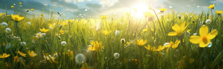 Beautiful flowers of yellow dandelions in nature in warm summer meadow against blue sky. Dreamy...