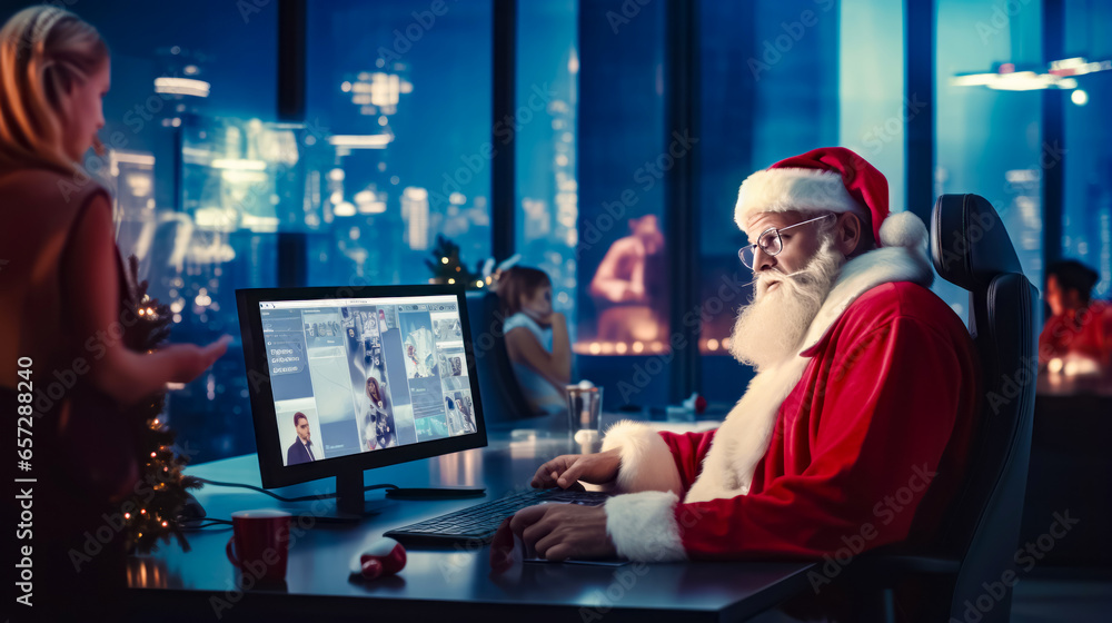Poster man in santa suit sitting at desk with computer on it.