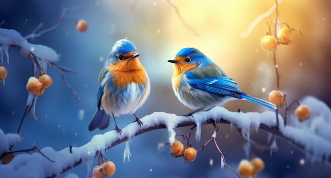 Cute colorful little bird in hoarfrost frost on a branch under the snow in the Christmas park. Bird as a concept of Christmas and New Year
