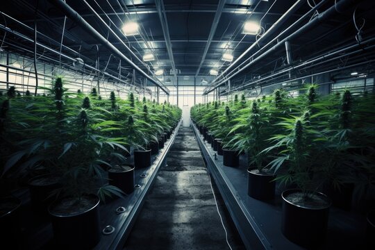A surreal, dreamlike indoor cannabis farm with tall, bushy plants under large industrial lights.