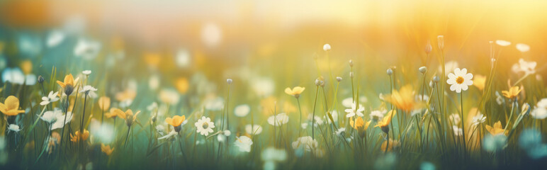 Fototapeta premium Beautiful spring landscape with meadow yellow flowers and daisies, blooming in the sun on sun flare background