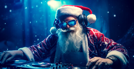 Dj dressed as santa claus with headphones and record player in his hands.