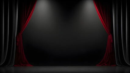 Fondo negro de escenario o teatro con cortinas negras y cortinas rojas e iluminación estilo reflectores - obrazy, fototapety, plakaty