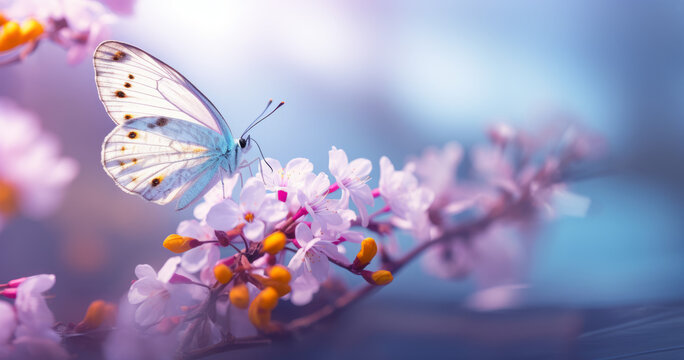 Fototapeta Beautiful white butterfly on white flower buds on a soft blurred blue background spring or summer in nature. Gentle romantic dreamy artistic image, beautiful round bokeh.