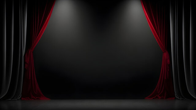 Fondo negro de escenario o teatro con cortinas negras y cortinas rojas e iluminaci&oacute;n estilo reflectores