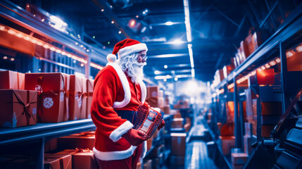 Man dressed in santa suit and holding bag of presents in his hand.