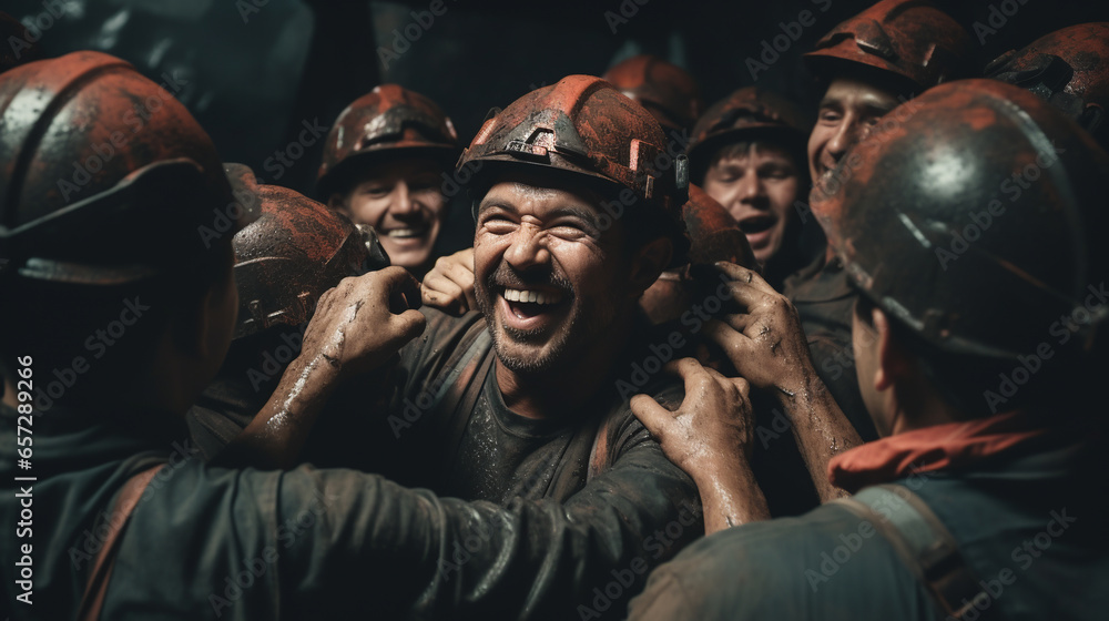 Poster a group of miners collaborating and working together in a dark underground tunnel, representing the 