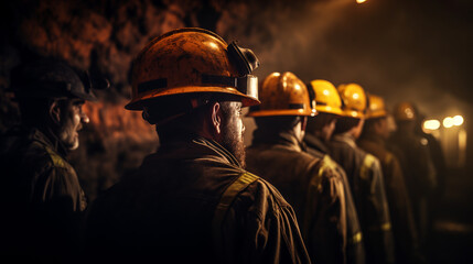 Obraz premium A group of miners collaborating and working together in a dark underground tunnel, representing the importance of teamwork and camaraderie in the mining industry. ai generative
