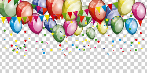 Colorful birthday background with many balloons, confetti and pennants on transparent background
