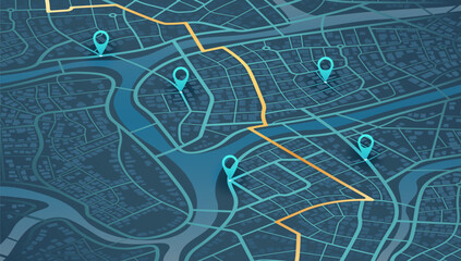 Isometric. The path from a point to the intended goal, many destinations, signs. main road throughout map. Navigation mapping technology for obtaining data on distance and turns of the path. Vector