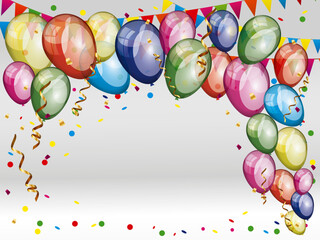 Party Background with colorflul balloons, confetti, garlands and space for text.