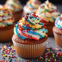 Fototapeta na wymiar Rainbow-colored cupcakes with whipped cream frosting and rainbow sprinkles