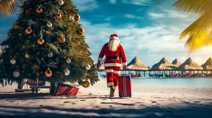 Man dressed as santa claus walking on beach with christmas tree. - obrazy, fototapety, plakaty