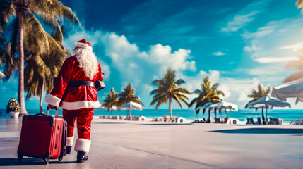 Man dressed as santa claus walking on beach with palm trees in the background.