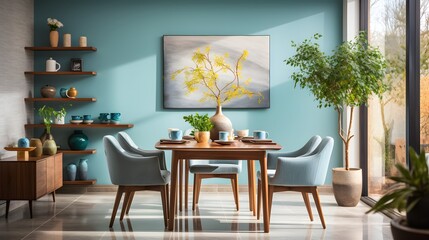 a dining room with a table and chairs and a potted plant. Minimalist interior Dining Area with Light Blue color theme.