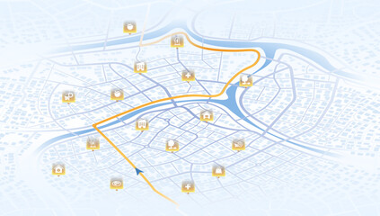 Isometric. The path from a point to the intended goal, many destinations, signs. main road throughout map. Navigation mapping technology for obtaining data on distance and turns of the path. Vector