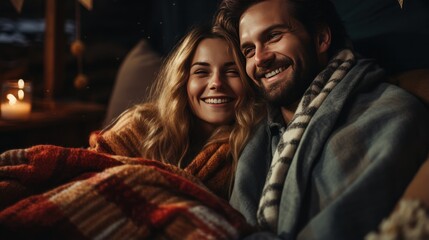 Woman cuddles with man while watching a movie. - obrazy, fototapety, plakaty