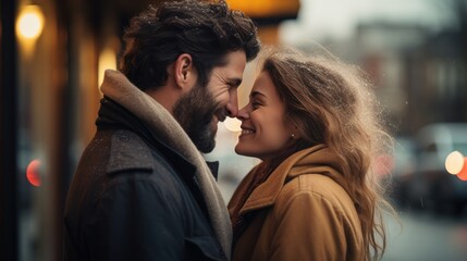 Fototapeta premium Woman receives a kiss on the forehead from her partner.