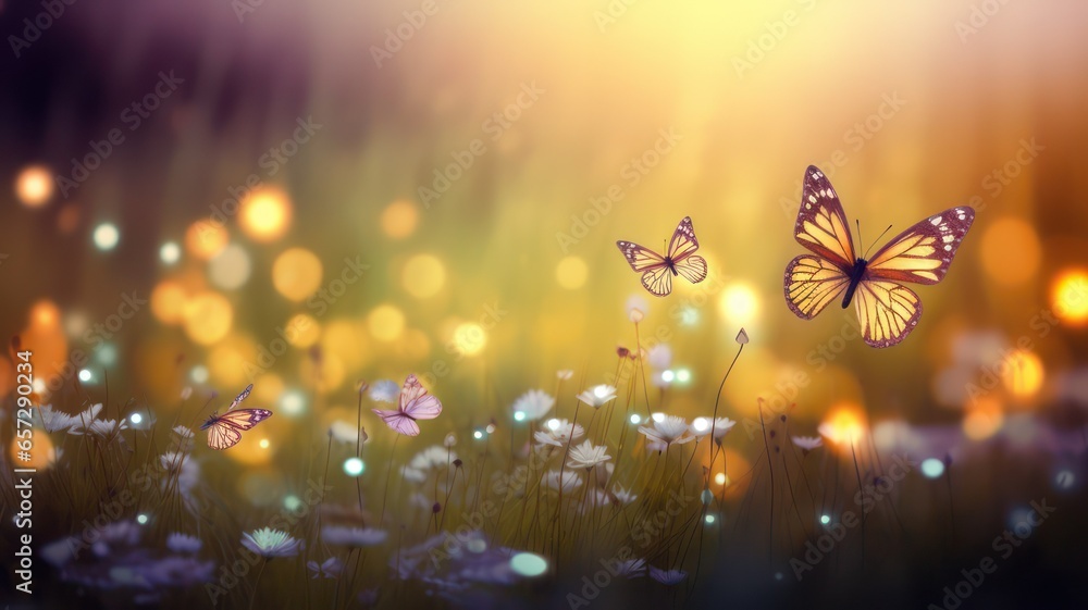 Poster butterfly flying over meadow with flowers and bokeh lights created with generative ai