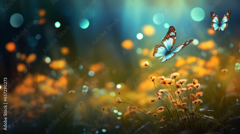 Poster butterfly flying over meadow with flowers and bokeh lights created with generative ai