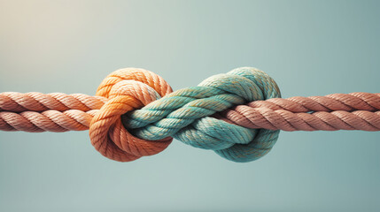 two ropes of different colors tied into a knot, pastel background. ai generative