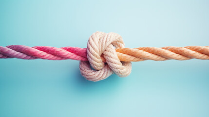 two ropes of different colors tied into a knot, pastel background. ai generative