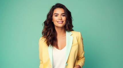 Fototapeta premium Happy and Attractive Woman Wearing Pastel Color Suit with Beautiful Vibrant Background 