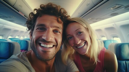 A happy couple enjoying their flight together