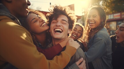 A group of young people embracing each other in a heartwarming moment - obrazy, fototapety, plakaty