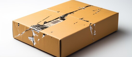 Shipping damaged cracked and dented cardboard package With copyspace for text - obrazy, fototapety, plakaty