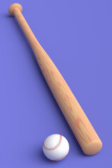 Wooden professional softball or baseball bat and ball on violet background