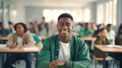 Happy African American male student smiling to the camera while attending class with his university colleagues, new college student study in class.