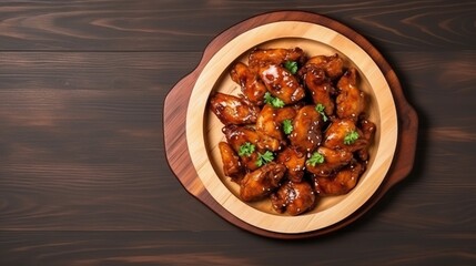 Asian Orange Chicken with Green Onions on wooden tray displayed on black background with copy space.