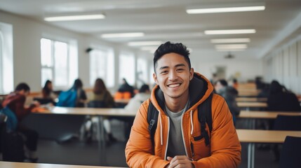 Fototapeta premium Latino male college student sitting a classroom smiling, student study in class, with copy space.