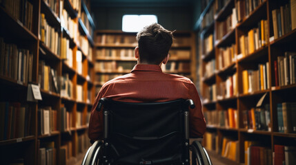 back view of disabled student in wheelchair choosing books while studying in college library. ai generative - obrazy, fototapety, plakaty