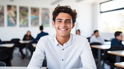Latino male college student sitting a classroom smiling, student study in class, with copy space. - Powered by Adobe
