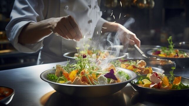Chef preparing gourmet dish in a high-end restaurant kitchen, fresh organic luxury whole food concept.