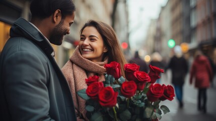 Man surprises woman with a bouquet of red roses