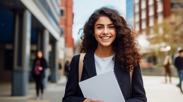 Pretty cheerful Latin American girl student smiling at camera carrying notebook on campus at college