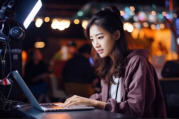 Behind the scenes of vlogger recording content for social media. Influencer making a video. Behind the scene concept.