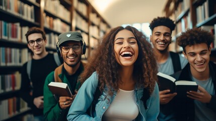 A group of young people standing in a library - obrazy, fototapety, plakaty