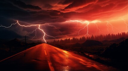 A road with a lot of lightning in the sky