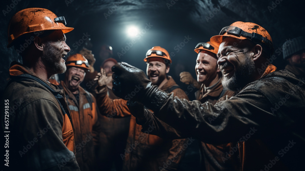 Poster a group of miners collaborating and working together in a dark underground tunnel, representing the 